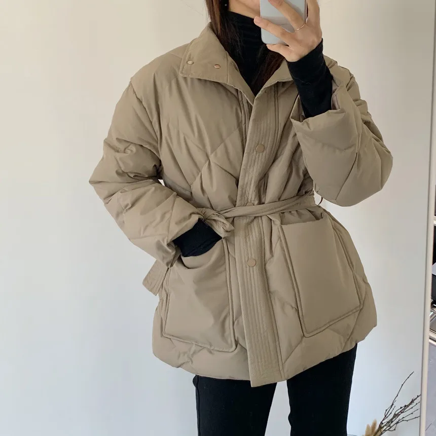 

3Colors 2025 Autumn Winter Women Warm Cotton Padded Coats Lace-Up Single Breasted Buckle Stand Collar Parkas Female Jackect(1349