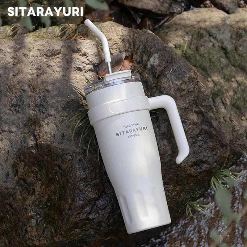SITARAYURI Edelstahl-Eisbecher 1,1L Isolierter Becher mit Griff für Outdoor, Reisen und Auto, Thermosbecher zum Kalthalten, Wasserbecher mit Strohhalm