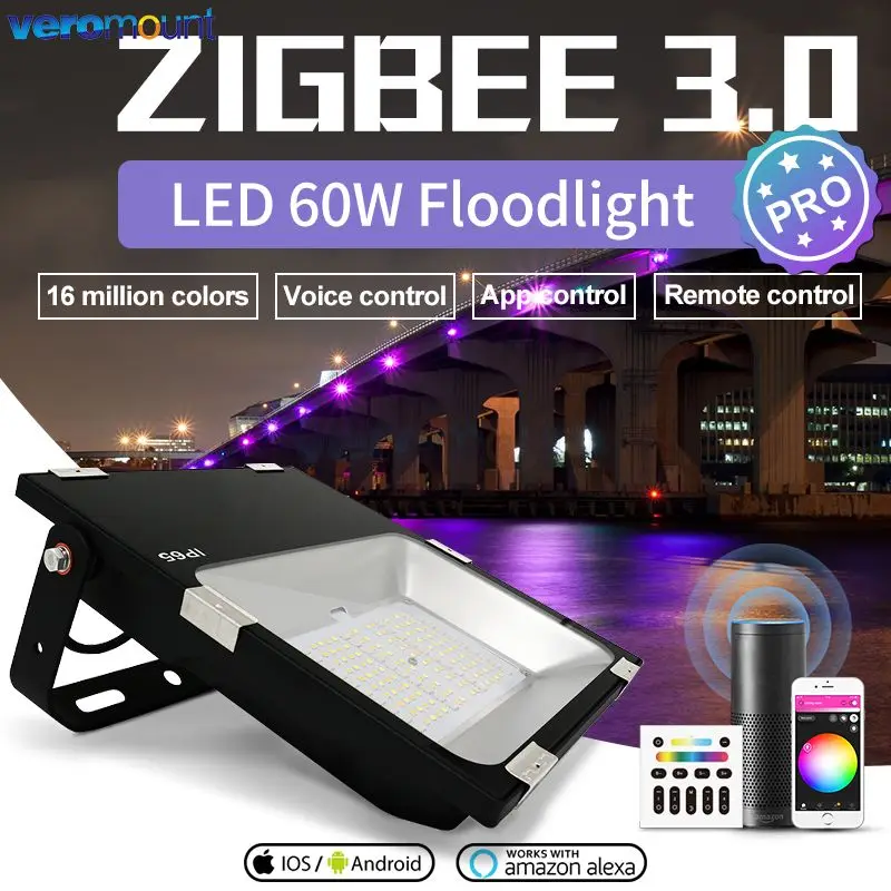 Zigbee 3.0 Pro Smart WiFi 60W RGB+CCT Floodlight IP65 Waterpoof Outdoor Work with SmartThings Tuya APP Voice RF Remote Control