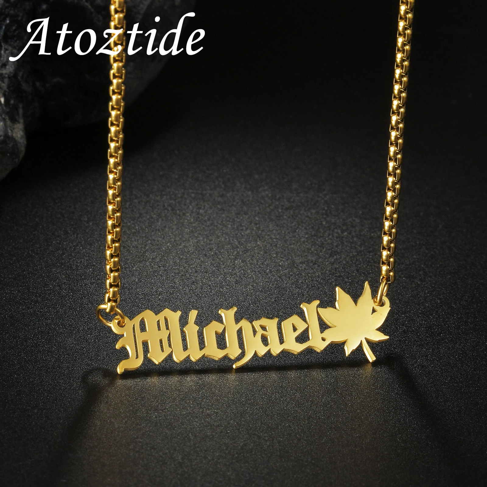 Atoztide Personalized Custom Name Necklaces Maple Leaves Pendant for Women Stainless Steel Link Chain Birthday Jewelry Gift