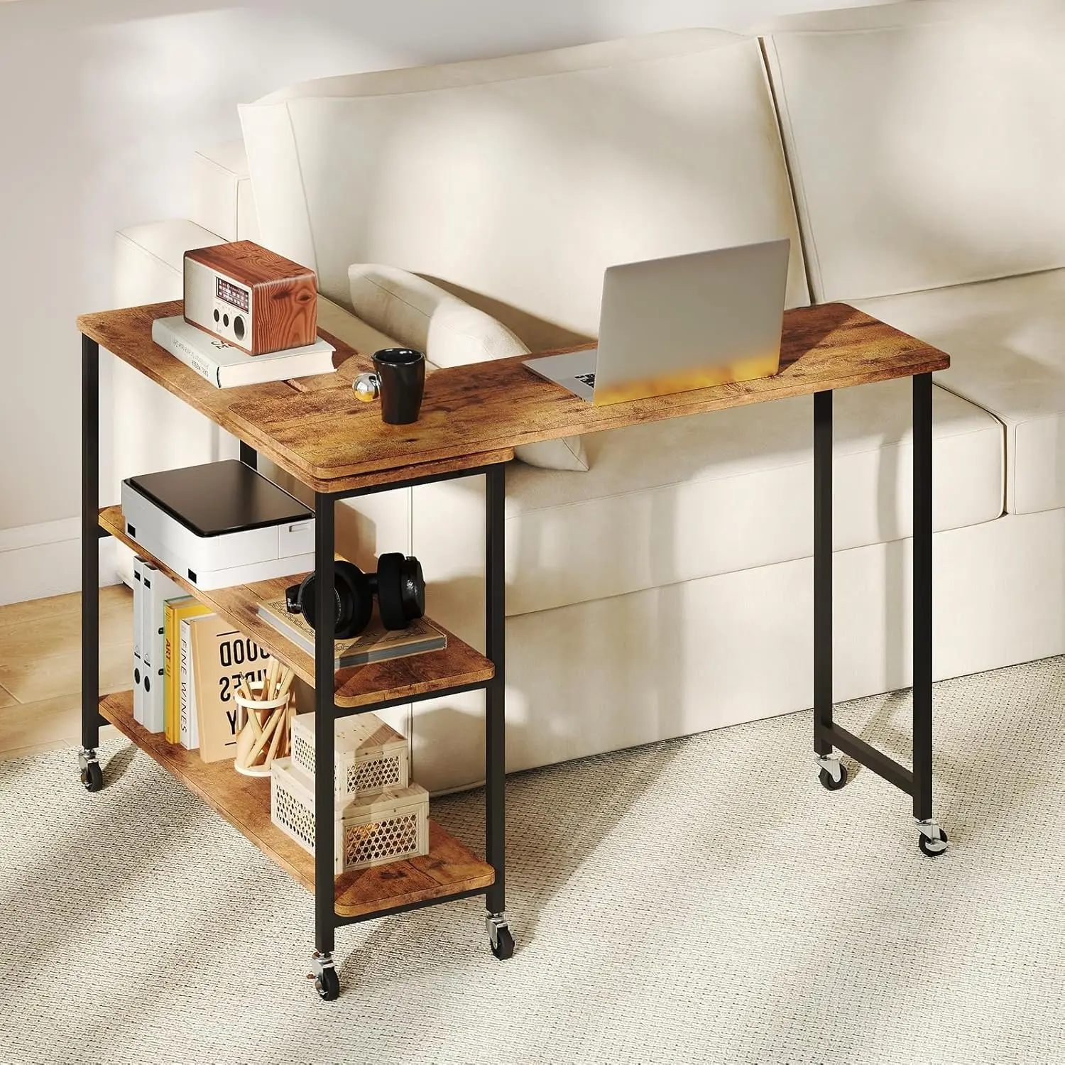 360° Rotating Side Table with 2-Tier Storage & 6 Casters, Mobile End Table for Couch/Snack/Laptop, Light Brown, Customized