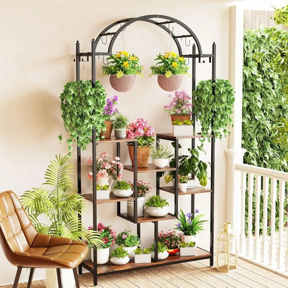 

5-Tier Tall Indoor Plant Stand, 74.8 Arched Metal Shelf with Hanging Hooks, Large Bonsai Pot Display Rack for Garden