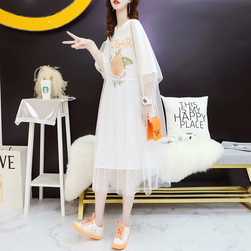 Mesh Splicing Fake Tweedelige T-shirt Rok Zomer Nieuwe Dames Halflange Losse Jurk Ins