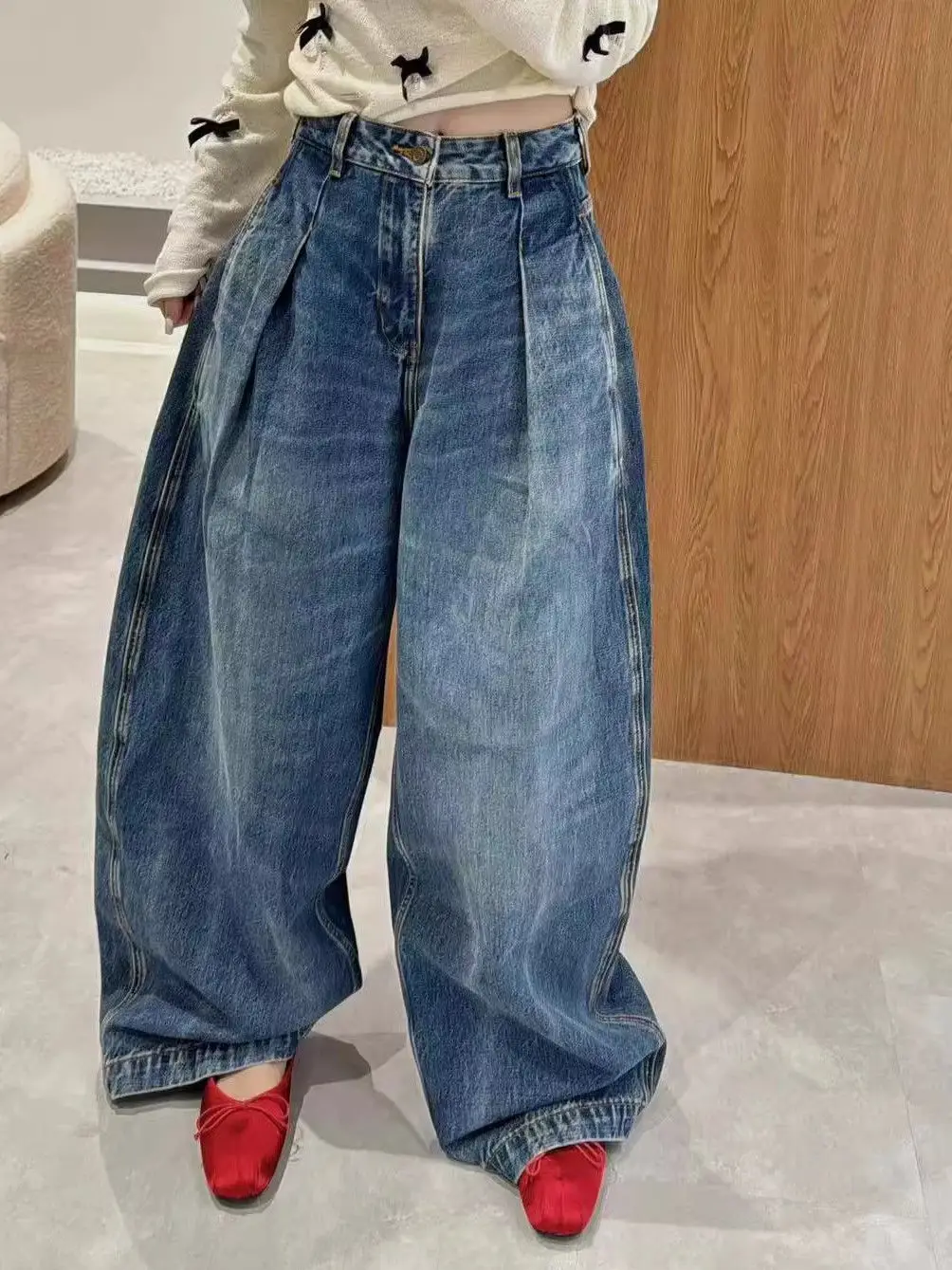 American Retro Washed Curved Knife Floor Length Pants For Women In Plus Size, High Waisted Pleated Wide Leg Denim Pants