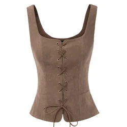 SD – gilet Vintage en Faux daim pour femmes, col carré, dos en U, à lacets sur le devant, gilet, Costume de Cosplay Renaissance, corsage payeur A30