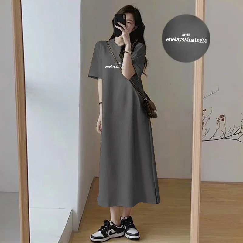 

Women Letter Print Side Slit T Shirt Maxi Dress Summer Loose O Neck Short Sleeve Casual Long Tshirt Dresses Plus Size Loungewear