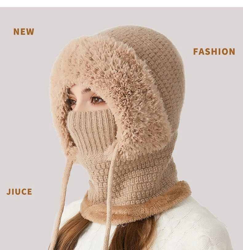 Big Head Fit One-piece Hat Women Winter Padded Thickened Face Covering Knitted Hat Neck Mask Warm Large Size Soft