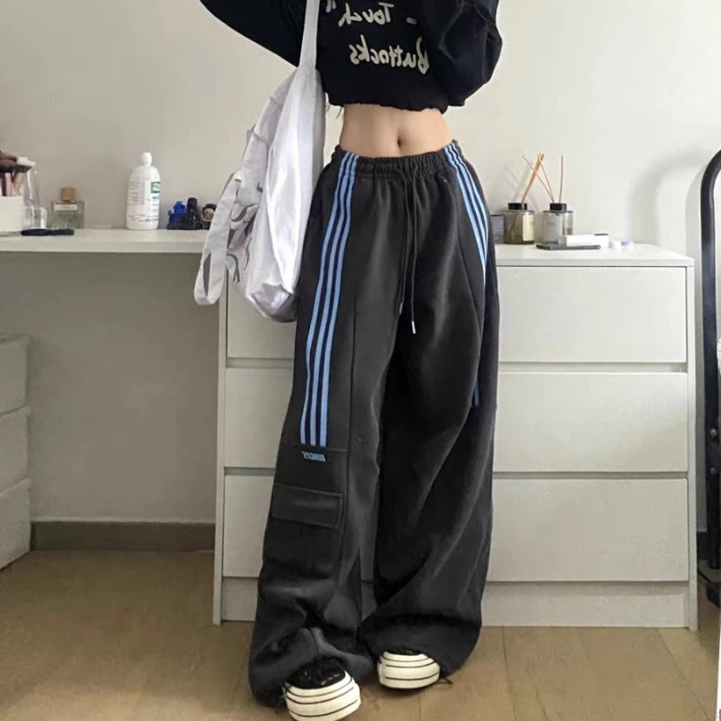 Striped Cargo Pants Women Spring and Autumn American Retro Casual Sporty Sweatpants High-waisted Loose Wide-leg Pants Female