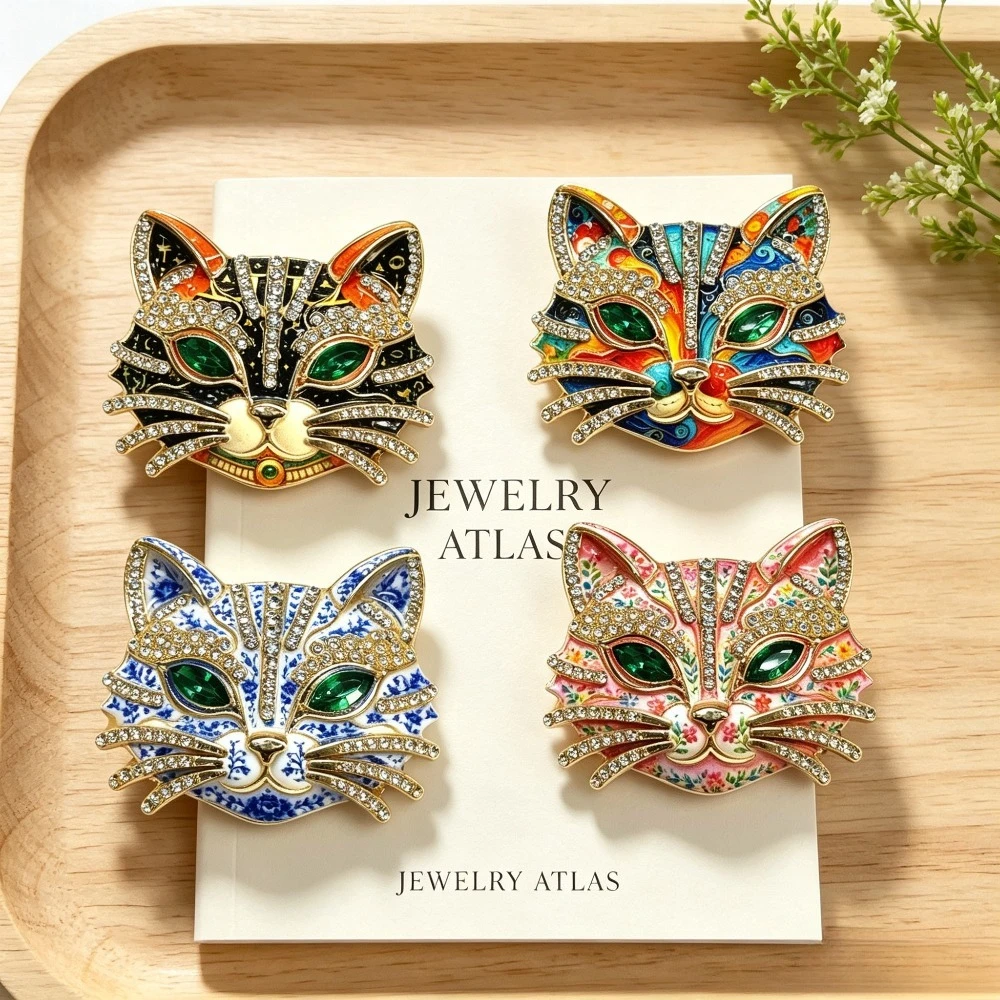 Golden Alloy Animal Brooch Enamel Rhinestone Cat Aries Ram Vintage Clothing Decor Women Jewelry Gift