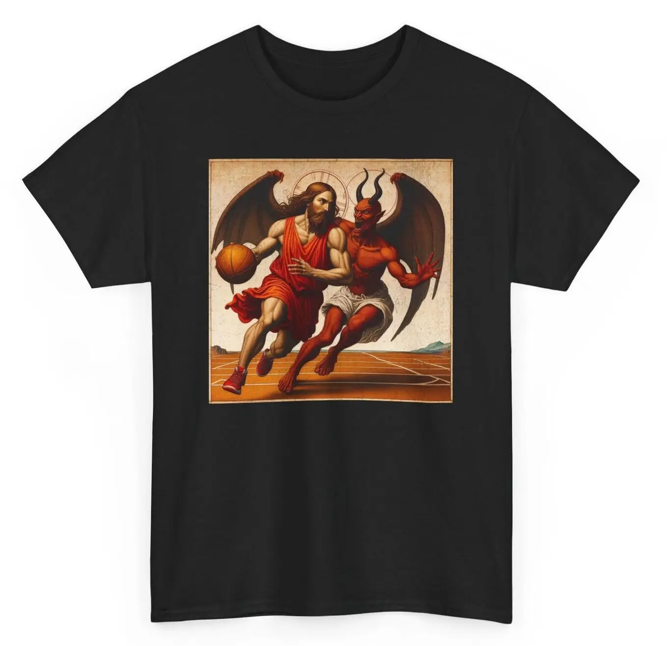 

Beat Satan Vs Jesus Basketball Sport Vintage Christian Faith T-Shirt 100% Cotton O-Neck Short Sleeve Summer Casual Mens T-shirt