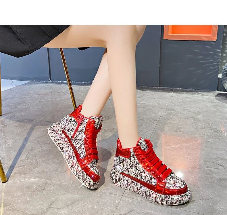 Women's Full Diamond Platform Sneakers Personalized Water Diamond Colored Embroidery Casual Shoes High Top Luxury Sports Shoes
