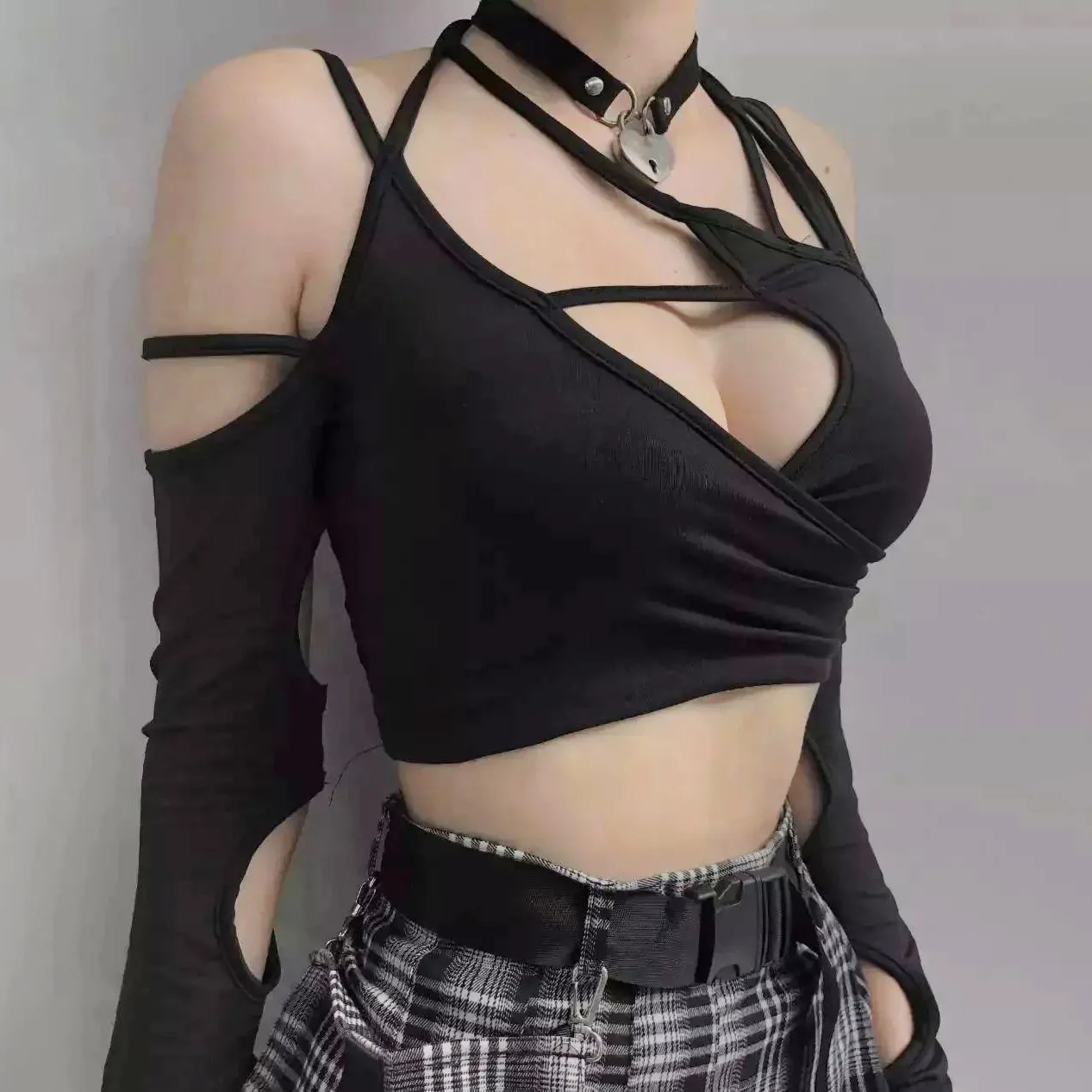 Women Fashion Casual Sexy O-neck Slim T-shirt Hollow Out Solid Black White Brown Long Sleeve Crop Tops Tee