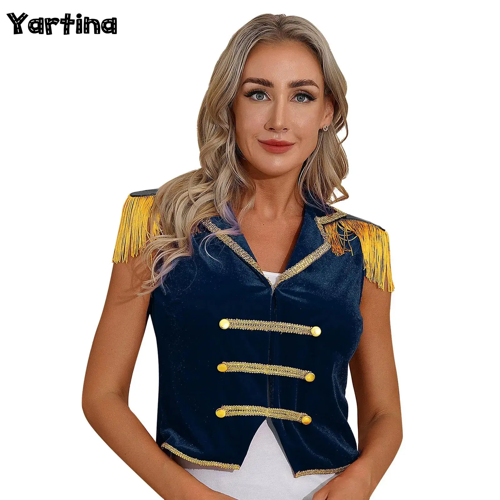 Womens Circus Ringmaster Victorian Steampunk Lion Tamer Cosplay Costume Lapel Tassels Velvet Waistcoat Irregular Hem Button Vest