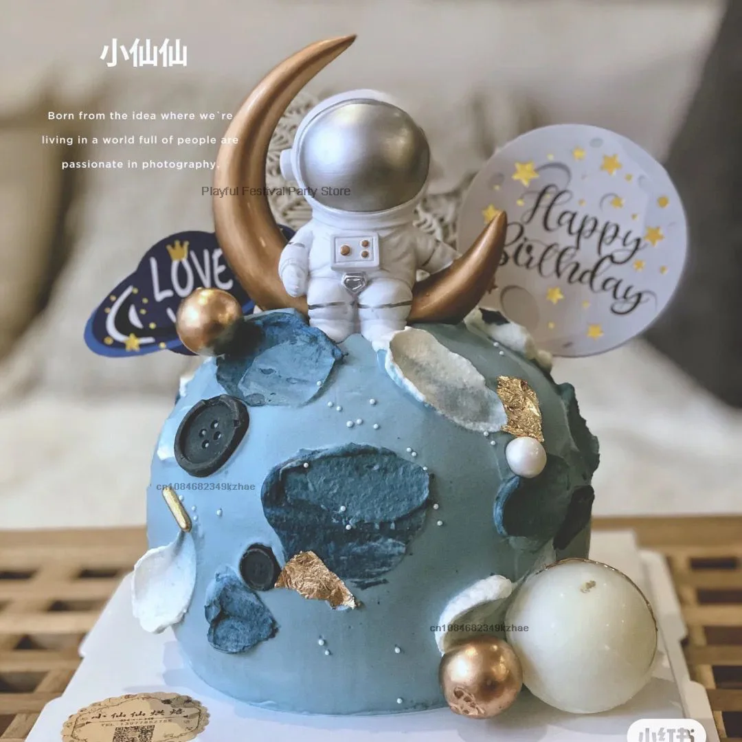 Astronaut Cake Topper Outer Space Birthday Decoration Boy Rocke Astronaut Cake Decoration Planet UFO Kid Party Tools Baby Shower