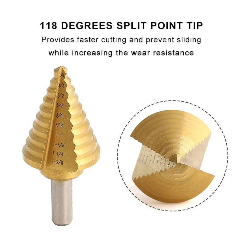 Titanium Step Bits, Standard (SAE) HSS Tapered Bits for Drilling and Cutting Sheet Metal, Multi-Size Hole Steps Unibit