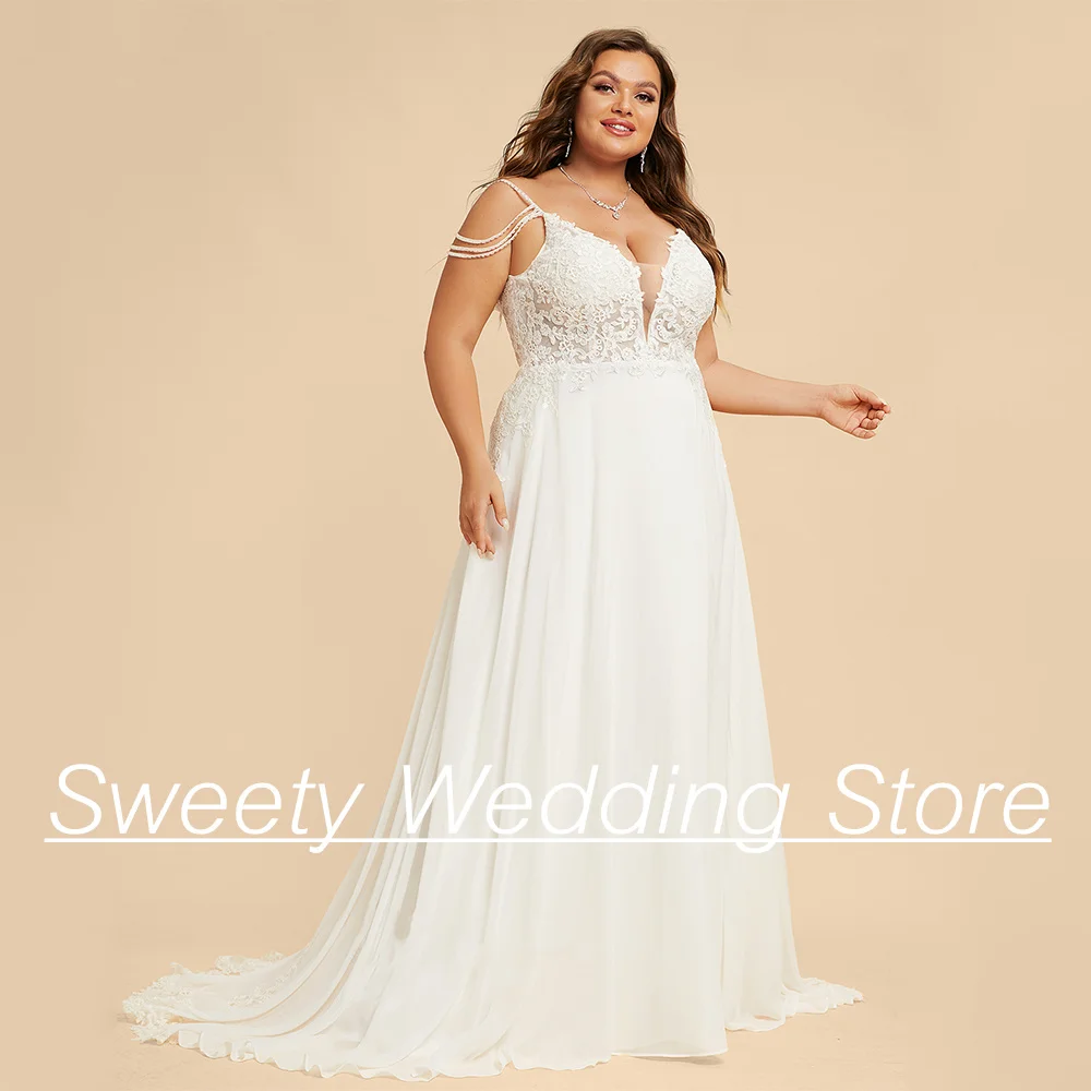 

Sexy Beach Wedding Dress Plus Size Beading Thin Straps V Neck Open Back Illusion Chiffon A Line Bridal Gown Vestido De Noiva