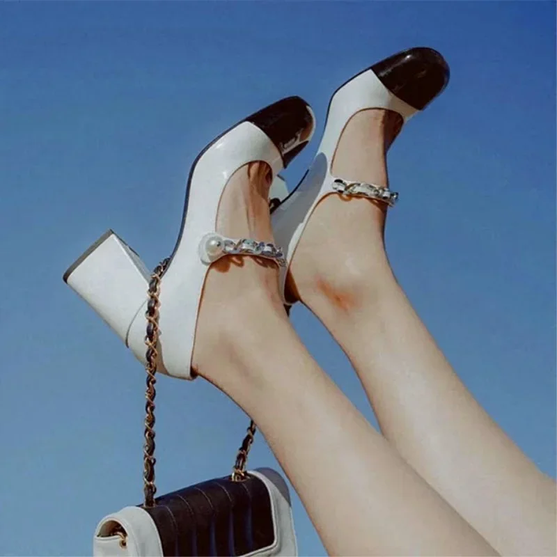 Summer Shoe Woman 2025 High Heels Luxury Shoes Women Mary Janes Pumps Square Toe Leather Sandals Black White Patchwork 39