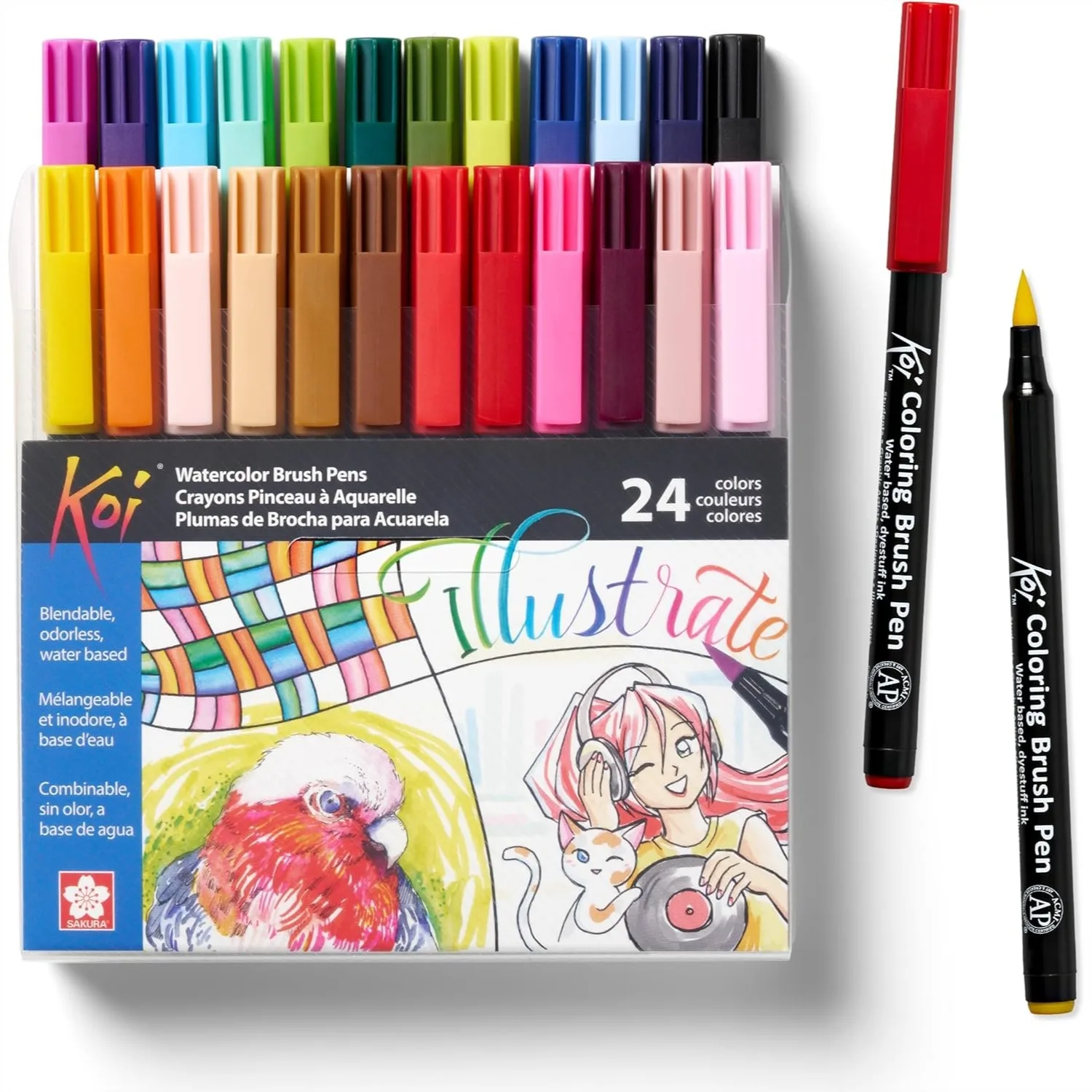 

Koi Assorted Coloring Brush Pen Set, 24 Water-Based Artist Markers for Smooth Blending