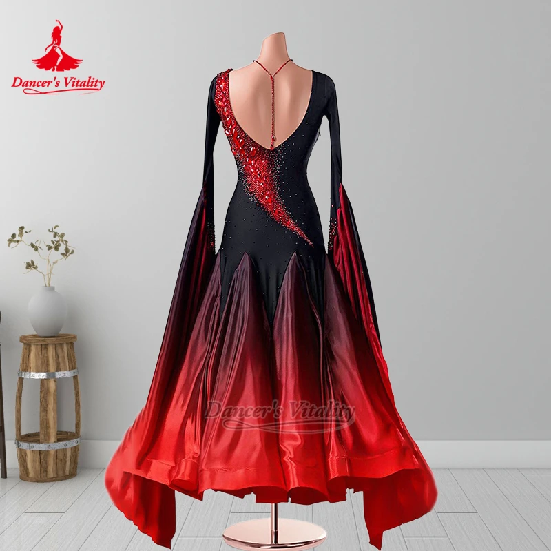 Abito da ballo per sala da ballo a maniche lunghe con sfumatura di colore nero-rosso per adulti Donne personalizzate Foxtrot Abbigliamento professionale Vitality del ballerino