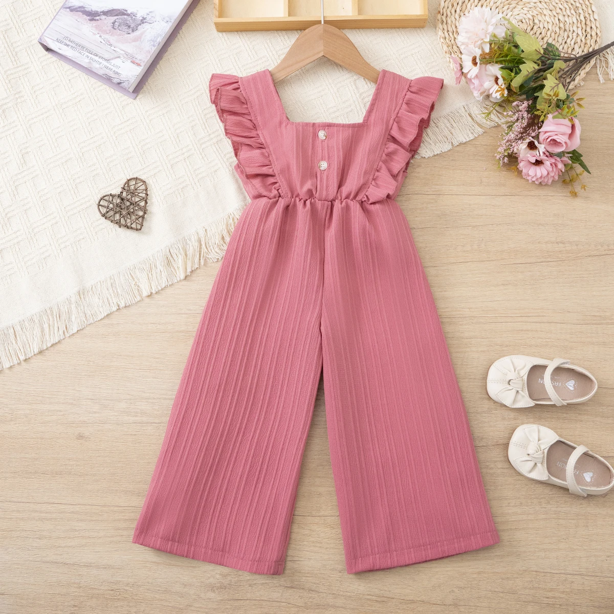 Girls' summer pure-color versatile jumpsuit, ruffle bowknot jumpsuit, princess style jumpsuit, suitable for little girls