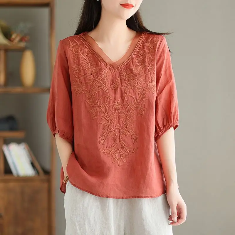 Summer Chinese Style Women Thin Style V-neck Solid Color Embroidery Loose Casual All-match Cotton and Linen Comfortable Shirt