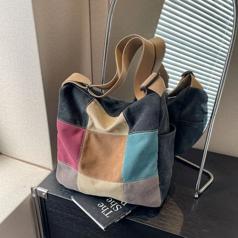 Large-capacity Splicing Contrasting Color Canvas Bag Female 2024 New Trendy Broadband Messenger Bag Student Class Commute Bag