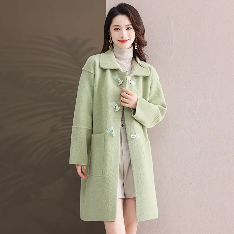 

Women's Elegant Lapel Woolen Coat, Lapel, Loose, Horn Button, Long, Casual, Versatile Outerwear, Winter Fashion, New, 2024