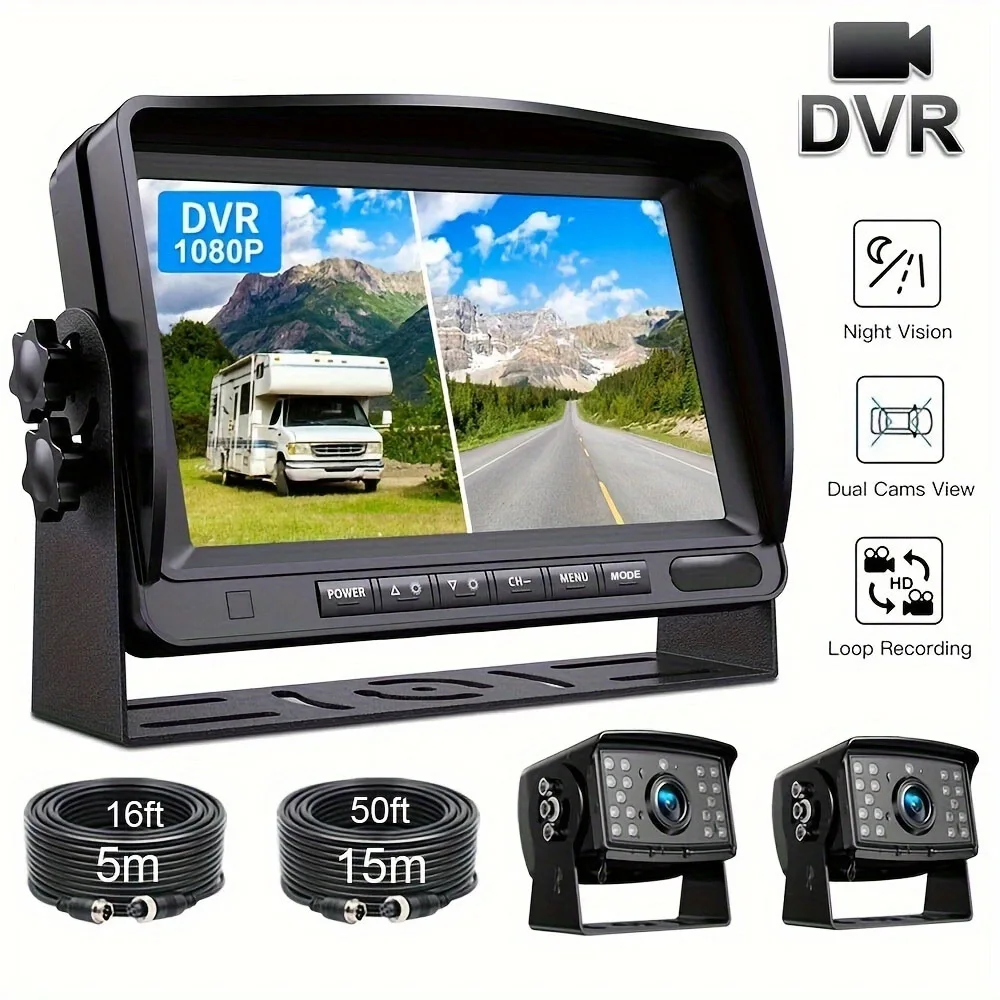 

Heavy Duty 7" Split Monitor 1080P Dual Rear View Backup Camera DVR Driving Recorder Parking System for Semi Box Truck RV