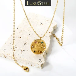 LUXUSTEEL Stainless Steel Necklace For Women Cute Tree Of Life Iniaid Round Colorful Cubic Zirconia Pendant Necklace Collars