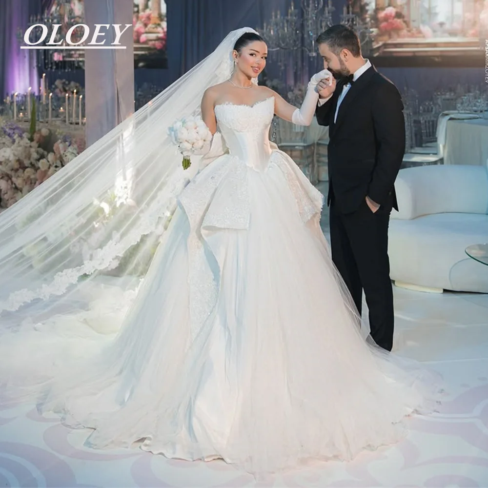 OLOEY Luxury Beaded Appliques Wedding Dress Sweetheart A-line Puffy Bridal Gown Customized Lace-up Sweep Train Vestido De Noiva