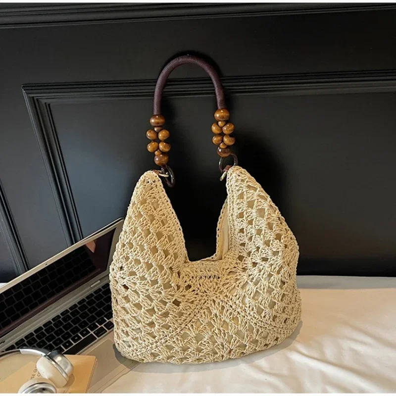 Hohl gestrickte Häkel-Schultertasche, Damen Casual Colorblock Handtasche für den Arbeitsweg, Leichte Sommer-Reisetasche – Detail 3