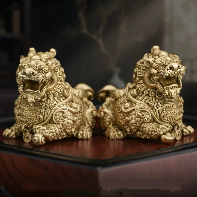 Pixiu Statue Pair Brass Chinese Mythical Beast Pi Yao Figurine Feng Shui Wealth Guardian Desktop Home Office Decor Ornament Gift