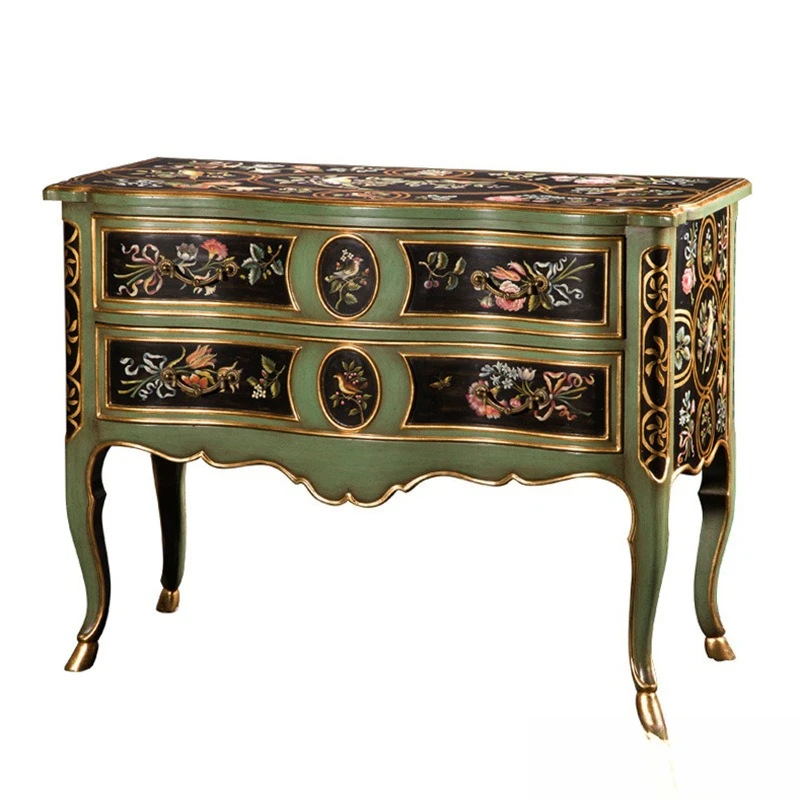 

French court retro solid wood carving green tall luxury hand-painted 1 meter porch cabinet villa foyer locker