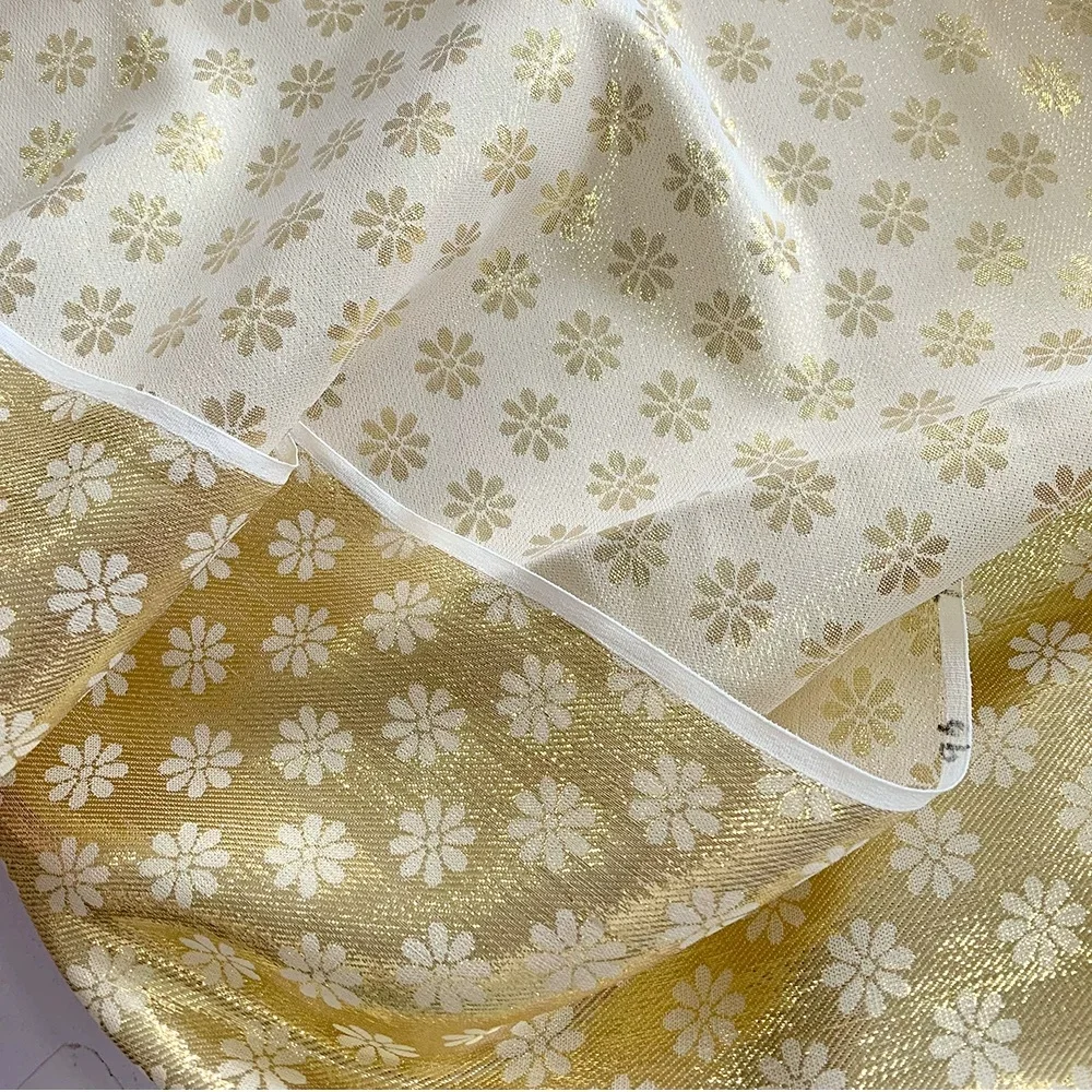 Fashion Small Gold Flowers Printed Shiny Sliver Lame Silk Metallic Satin Fabric for Women Girls Dresses Clothes Blouse Costume