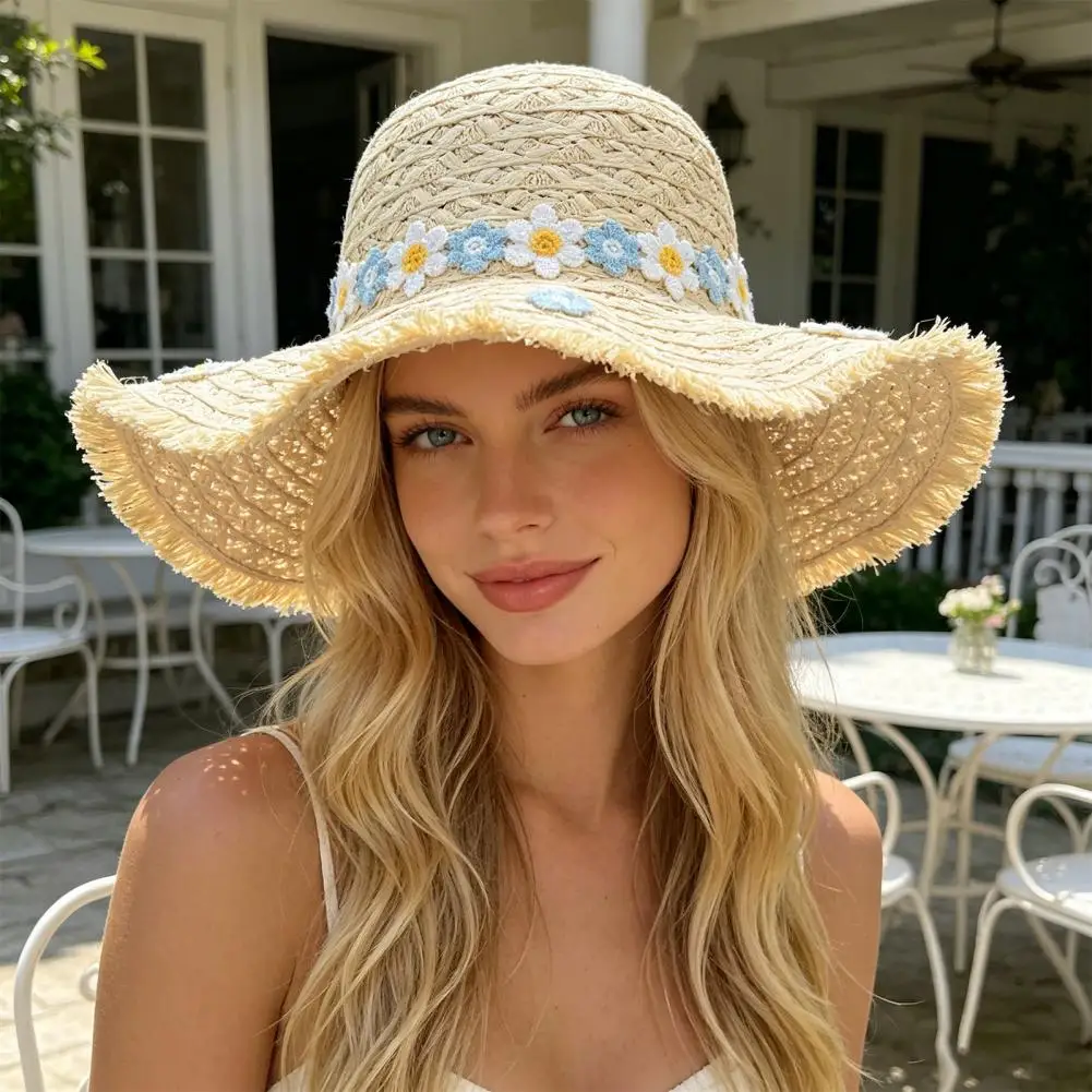 Chic Wide Brim Lace Straw Sun Hat, Windproof Flower Chin Strap Packable Breathable Travel Beach Cap for Women