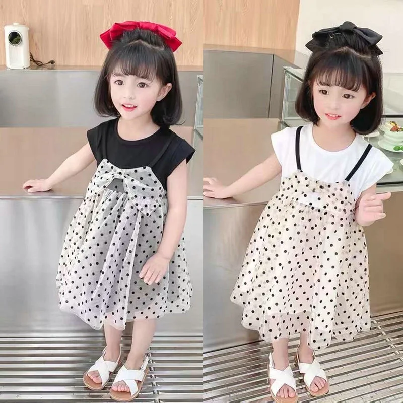 

Girls' dress with faux two-piece design, short-sleeved polka dot princess dress26New summer children's clothing wholesale