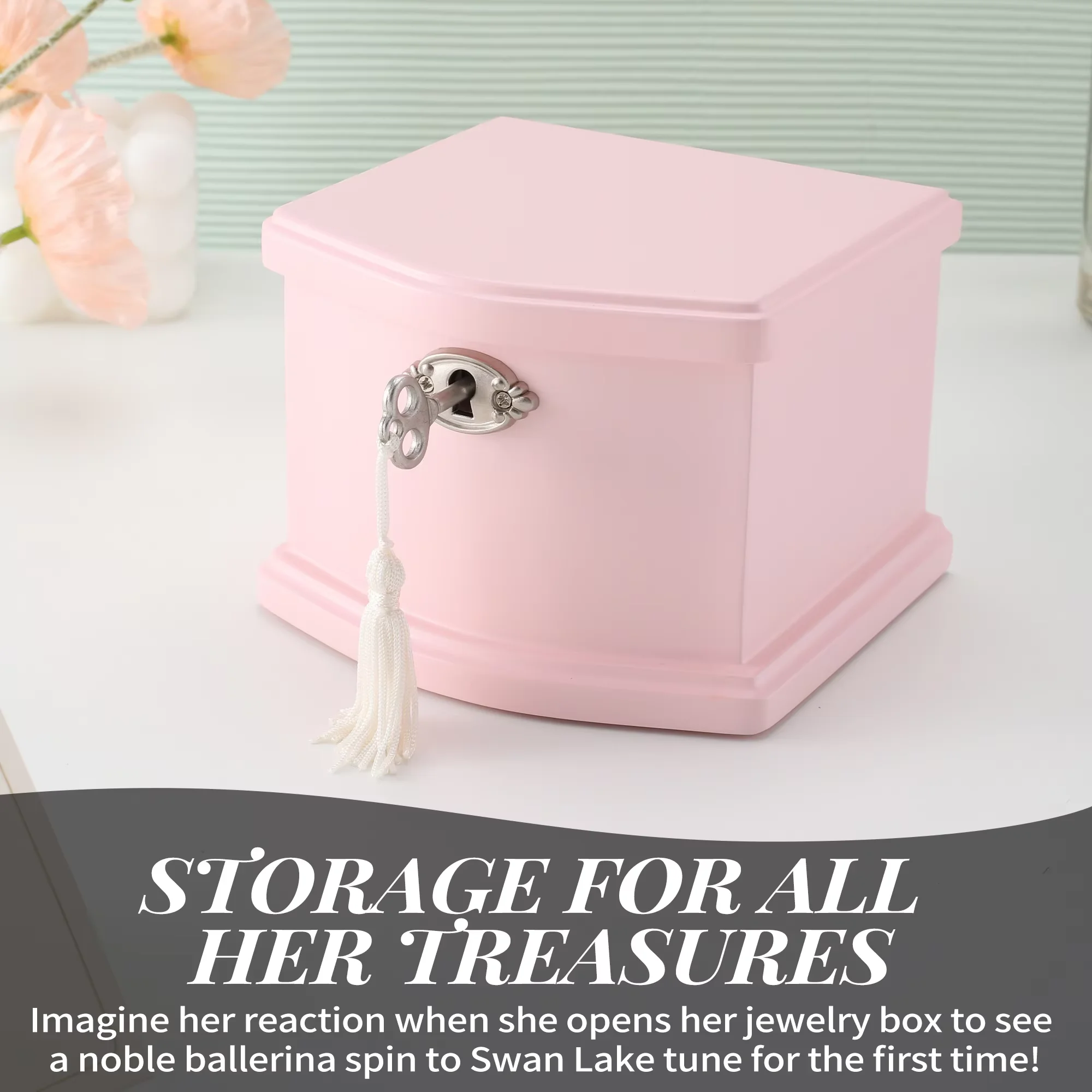 Small Pink Wooden Ballerina Musical Jewelry Box with Mirror and Lock for Girls，Kid's Jewelry Storage Music Box, Gift for Christ
