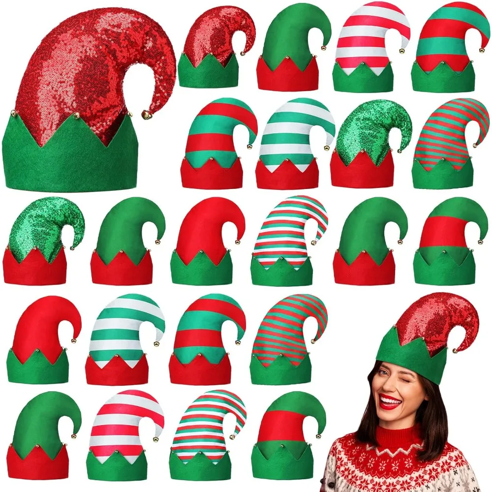 

24 Pieces Christmas Elf Hat Xmas Elf Felt Hats Bulk Funny Hats with Bells Holiday Party Costume Accessoriess Santa Hats