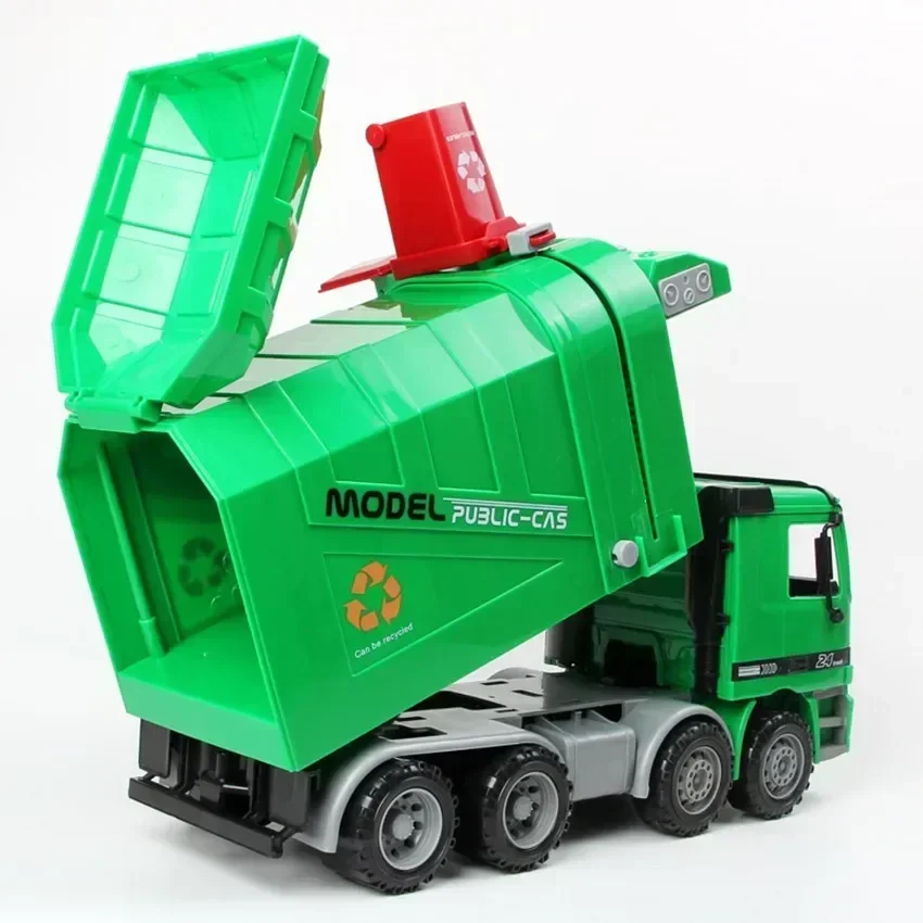 Side Loading Garbage Transfer Truck with Tricolor Green Design Featuring  Lift Mechanism Three Rubbish Bins Birthday Gift