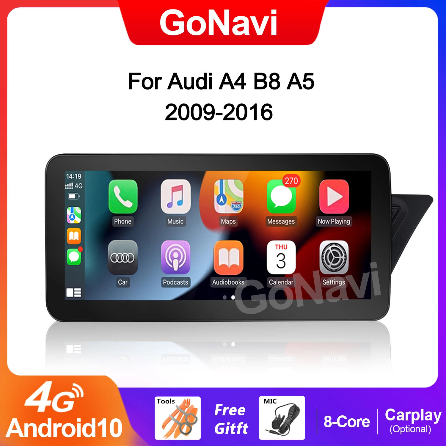 

8-ядерный Автомобильный GPS навигатор GoNavi Android 10 для Audi A4 B8 A5 2009-2016 RHD WIFI 4G 8 + 128 Гб RAM BT IPS экран Carplay мультимедиа