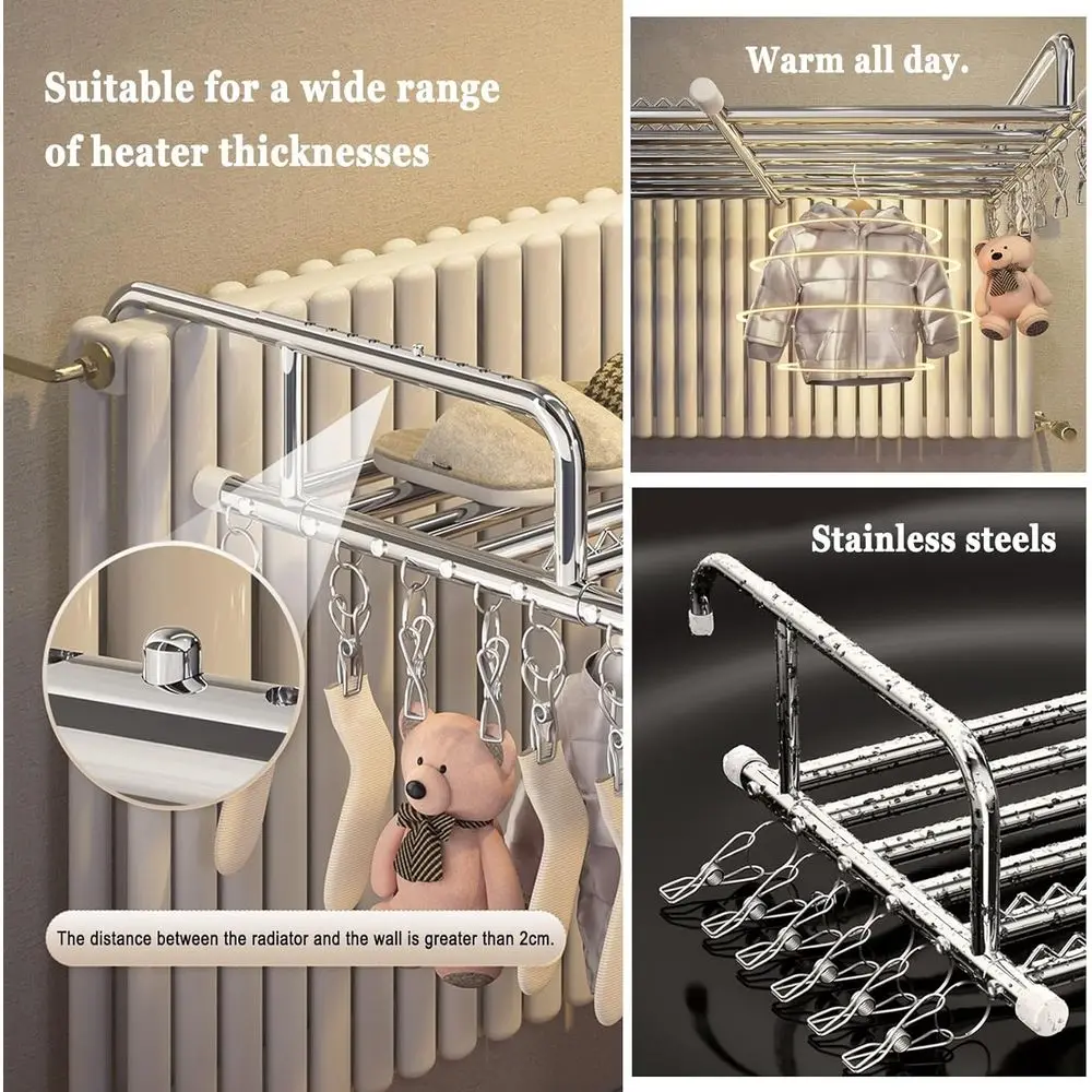 Collapsible Outdoor/Indoor Stainless Steel Clothes Drying Rack with Sock Clips, Heat Resistant, Adjustable for Balcony or Window