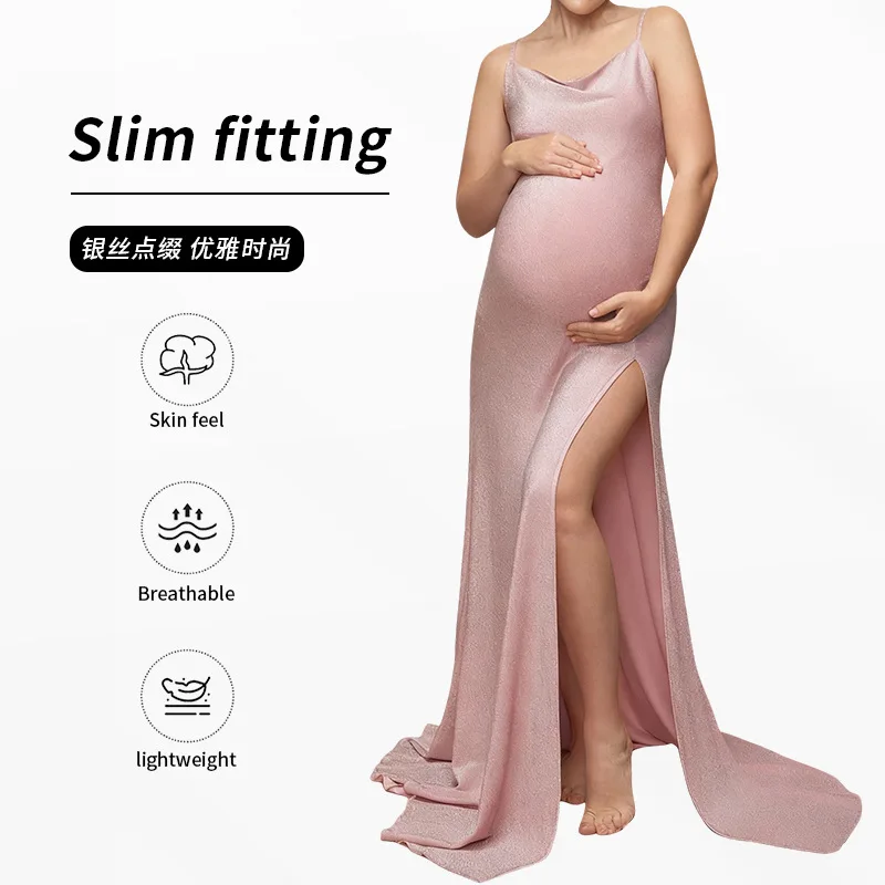 

Платье для беременных в европейском и американском стиле, вечернее, с высоким разрезом, на бретельках, юбка-макси