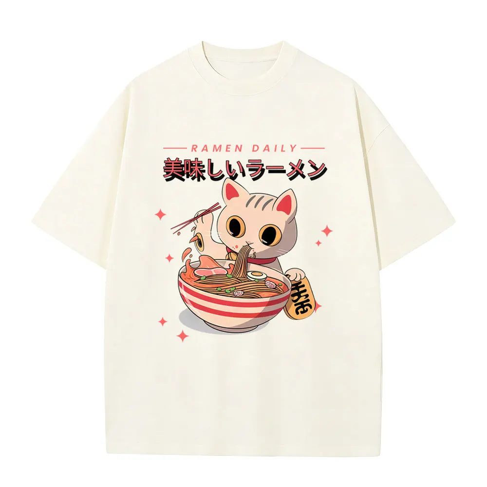 

Cat Eat Ramen Funny Meme Graphic T-shirt Men Women Vintage Japanese Style Short Sleeve T Shirts Unisex Casual Oversized T-shirts