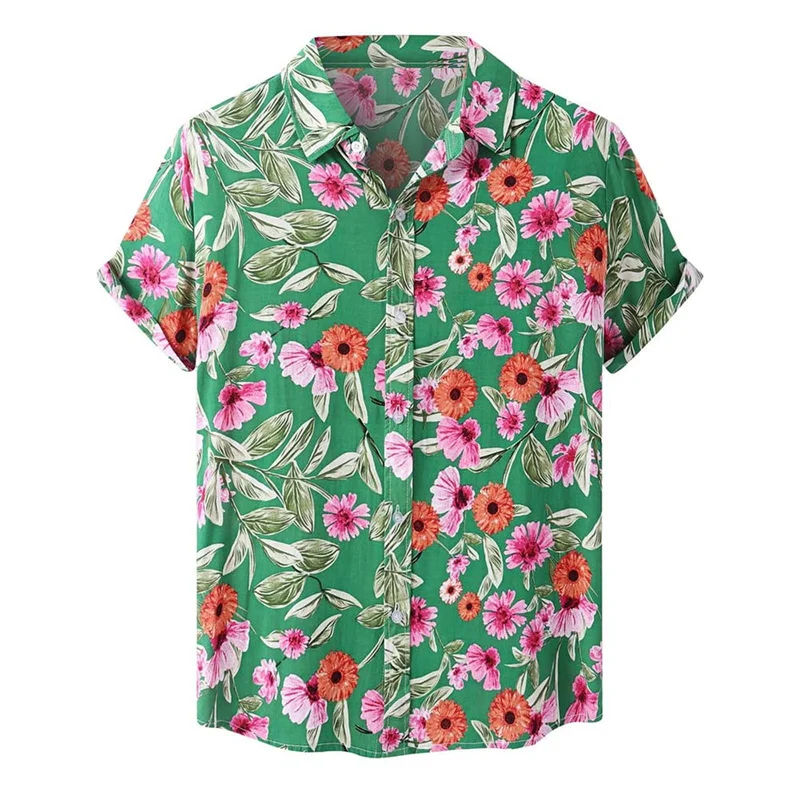 Camisa havaiana de botão floral masculina, roupa masculina, manga curta, estampada floral, moda de rua casual, na moda, verão