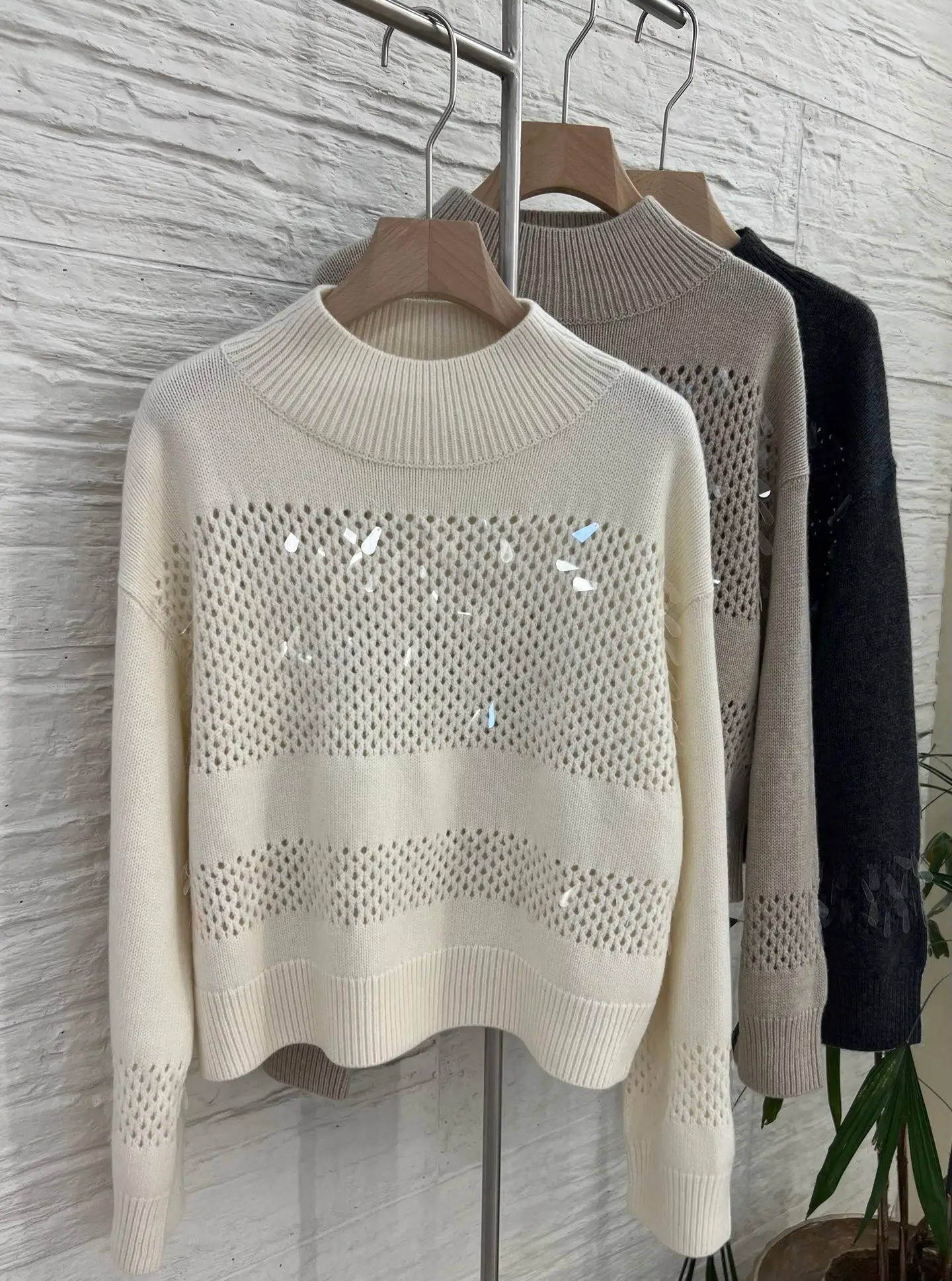 Luxurious crystal drop sequins exquisite decorated pure cashmere versatile casual sweater