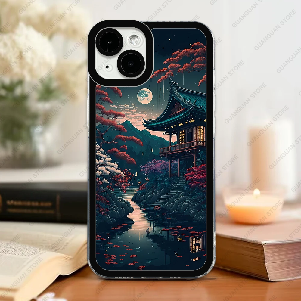 Case For iPhone 15 14 13 Pro Max 12 Mini 11 XS X XR SE 7 8 Plus Soft Cover Japanese Night Scene