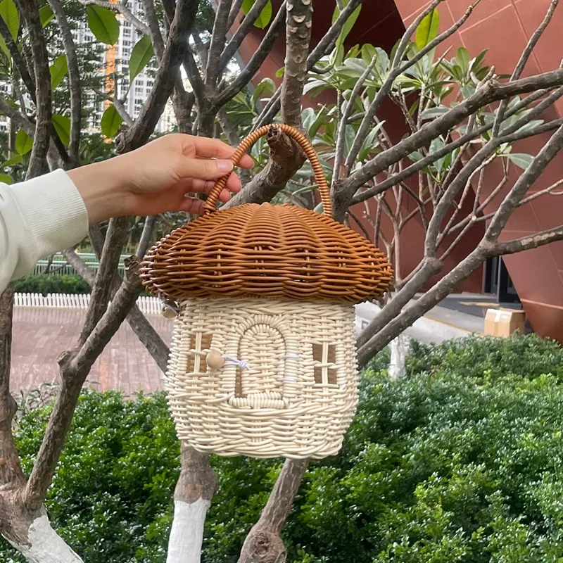 Rattan Mushroom Storage Basket Cute Cartoon Handwoven Nut Wicker Handbag Outdoor Picnic Women Tote Straw Bag Children Organizer