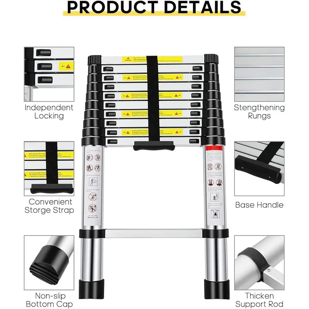 Telescoping Ladder 10.5FT Aluminum Extension Lightweight Retractable Ladder with Non-Slip Rubber Feet Home Use 330 lb Load