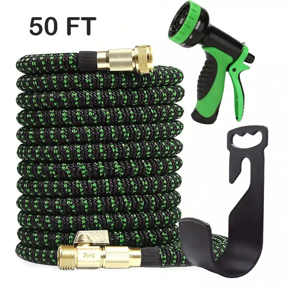 100FT Heavy-Duty Garden Rubber Hose With 10 Function Nozzle, Heavy-Duty Super Strong Solid Brass Fittings, Outdoor Water Hose, Car Wash Water Pipe, Courtyard Watering, Pet Shower, Smooth Hose Design, Durable Material.