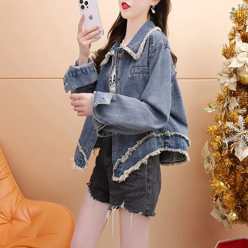 Fashion Tassel Spliced Denim Coats Female Clothing Casual Single-breasted Spring Autumn Lapel Korean Loose Long Sleeve Jackets